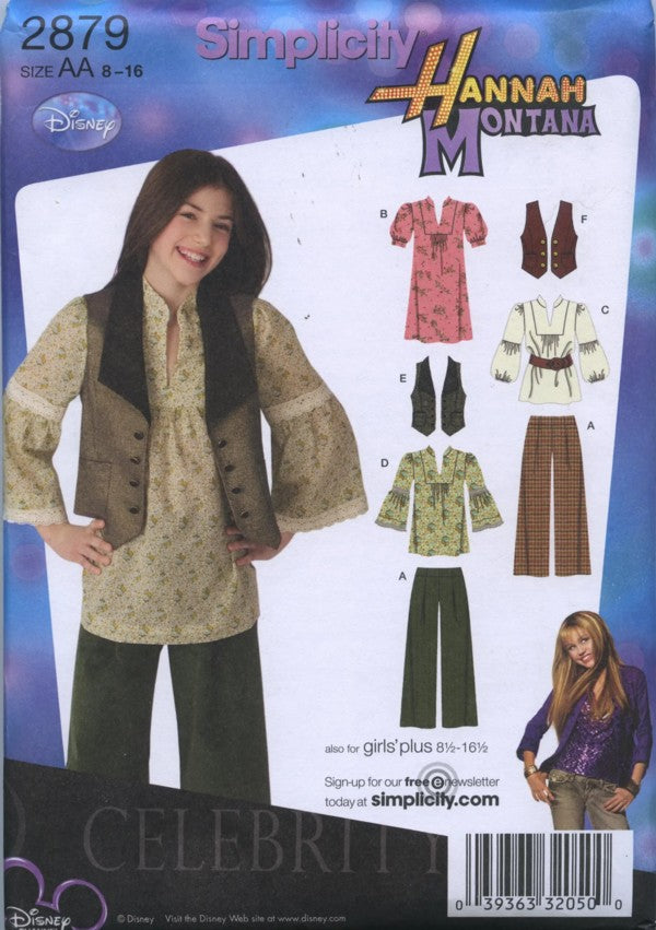 Simplicity 2879 Retro 2008 Sewing Pattern Disney Hannah Montana Boho Separates, Miley Blouse, Dress, Pants, Vest Size 8-16