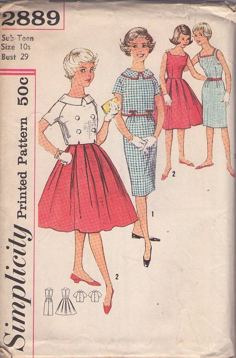 Simplicity 2889 Vintage 50's Sewing Pattern Teen Separates, Rockabilly Secretary, First Job, Pleated Skirt Dress, Sheath Sundress, Back Buttoned Cover Up Blouse Jacket Size 10S