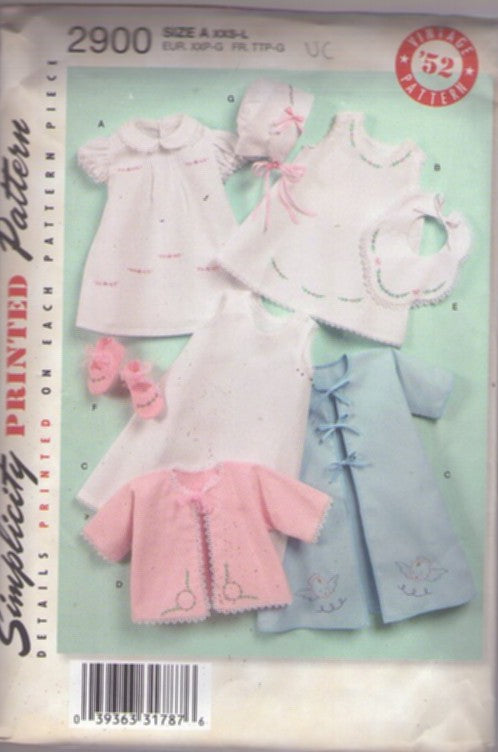 Simplicity 2900 Retro 2008 Sewing Pattern Baby Layette, Repro 1958, Dainty Embroidery, Tie Front Jacket, Coat, Dress, Slip in 2 Lengths, Scalloped Bib, Sun Bonnet Hat, Booties Shoes Size XXS-L