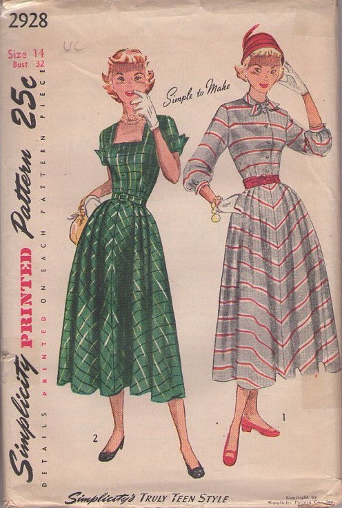 Simplicity 2928 Vintage 40's Sewing Pattern Day Dress Set, Bias Skirt Shirtwaister, Shirtwaist Day Dress, Simple to Make 2 Styles Size 14
