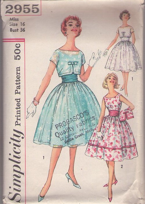 Simplicity 2955 Vintage 50's Sewing Pattern Rockabilly Prom Dress, Summer Bride, Full Skirt Sundress, Cocktail Party, Sheer Cropped Topper Jacket & Cummerbund Sash Belt Size 16