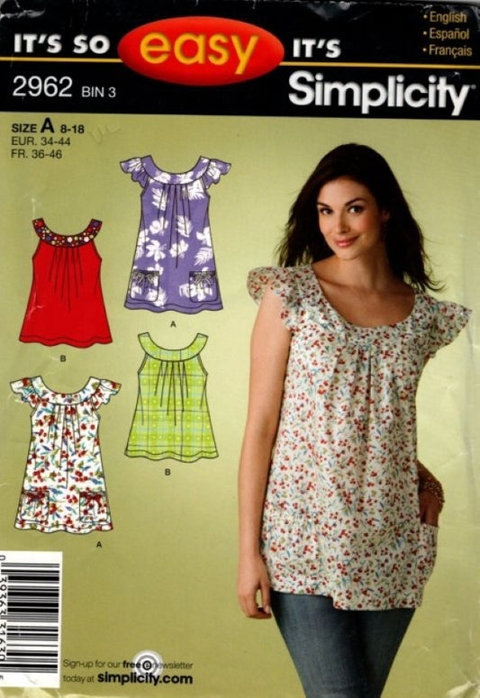 Simplicity 2962 Retro 2008 Sewing Pattern It's So Easy Yoked Pullover Blouse, Summer Flared, Loose Fit Styles Size 8-18