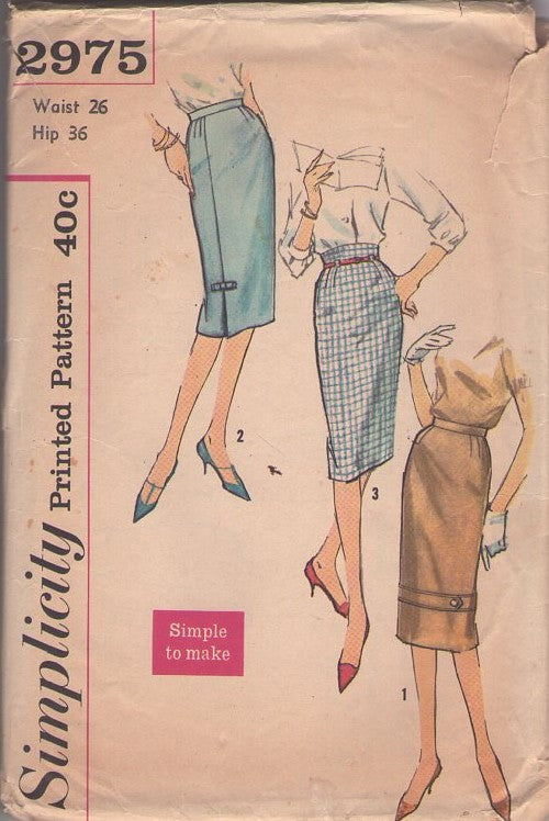 Simplicity 2975 Vintage 50's Sewing Pattern Simple Skirts, Curve Hugging Pinup Girl Rockabilly Slim Sheath Skirt Set, Trim & Built Up Hi Rise Waist Options Size 26 Size M