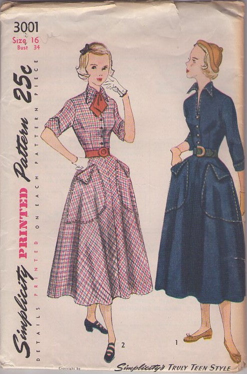 Simplicity 3001 Vintage 40's Sewing Pattern Day Dresses, Huge Pockets New Look Lucy Wing Collar Shirtwaist Day Dress, 2 Styles, Flap Pockets Size 16