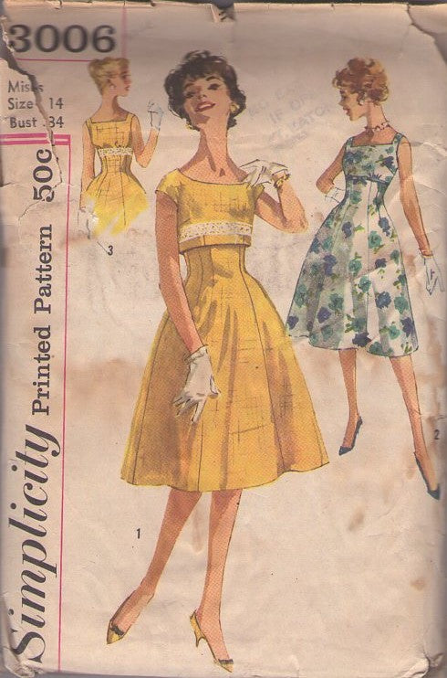 Simplicity 3006 Vintage 50's Sewing Pattern Rockabilly Dress, Empire Waist, Fit & Flared Cocktail Styles, Bolero Topper Jacket Size 14