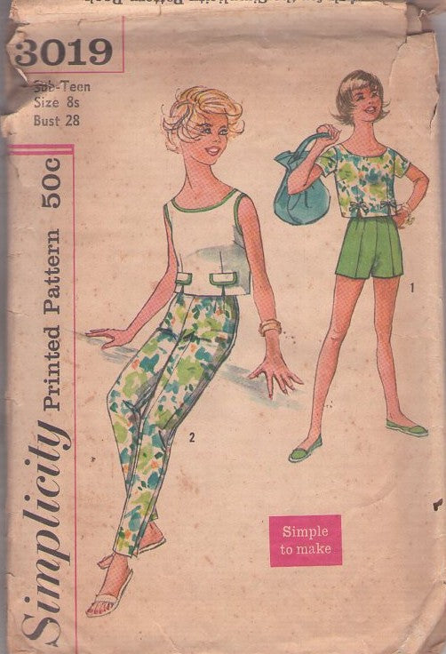 Simplicity 3019 Vintage 50's Sewing Pattern Girls' Separates, Pre Teen Summer Cropped Blouse, Top, Shorts, Tapered Ankle Biter Pants Size 8S