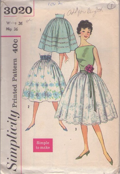 Simplicity 3020 Vintage 50's Sewing Pattern Set of Skirts, Simple to Make, Rockabilly Full Bell Shaped Lace, Border Print, Rick Rack Trim Wide Midriff Skirt Set Size 26 Size M