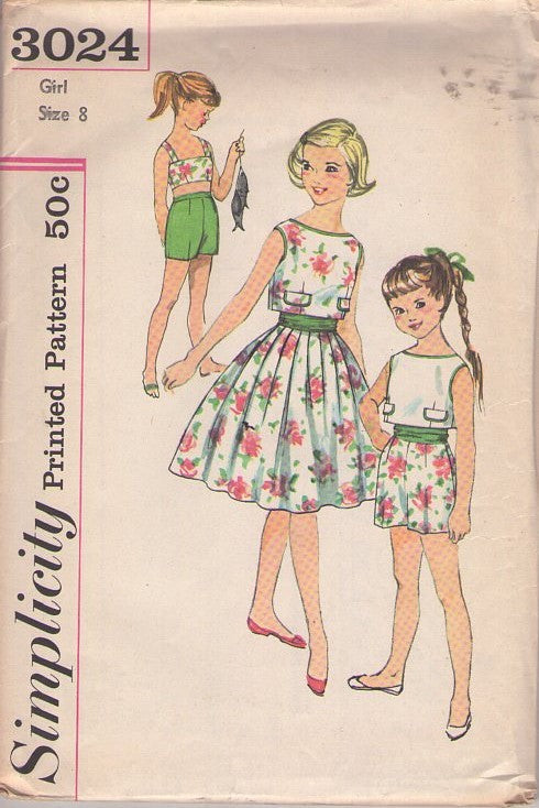 Simplicity 3024 Vintage 50's Sewing Pattern Girls' Separates, Summer Bra Top, Cropped Blouse, Shorts, Skirt & Cummerbund Sash Belt Size 8