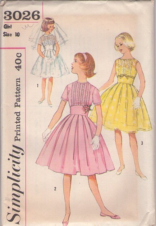 Simplicity 3026 Vintage 50's Sewing Pattern Girls' Dresses, Party Dress, Wide Midriff Box Pleated Skirt Communion Gown Back Buttons 3 Styles Size 10