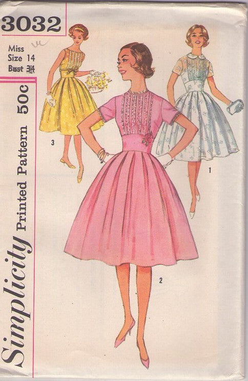 Simplicity 3032 Vintage 50's Sewing Pattern Rockabilly Dresses, Wide Cinched Midriff Full Box Pleated Skirt Cocktail Party Dress, 3 Styles Size 14