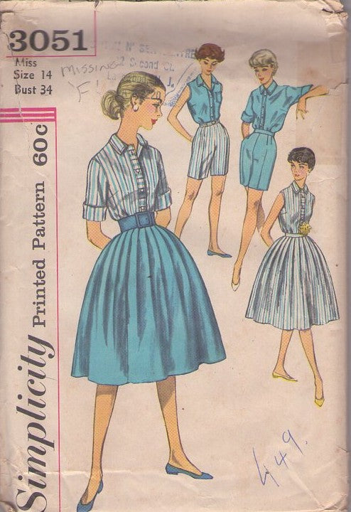 Simplicity 3051 Vintage 50's Sewing Pattern Secretary Separates, Blouse Shirt Set, Walking Shorts, Full Pleated Skirt Size 14
