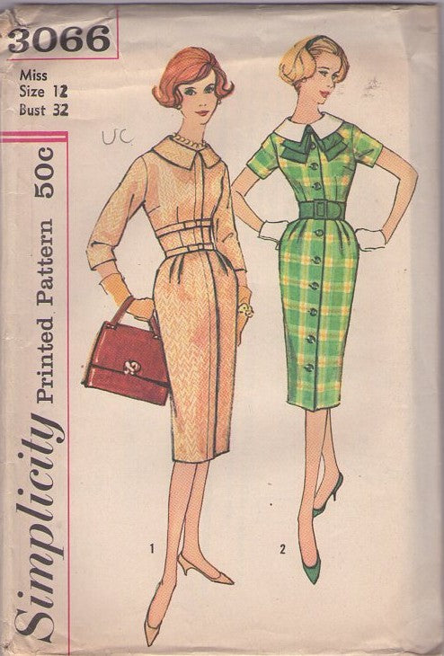 Simplicity 3066 Vintage 50's Sewing Pattern Sheath Dress Set, Mad Men Cocktail Party or Secretary Day Dress, Hidden or Button Front Coat Dress, Midriff Interest Size 12
