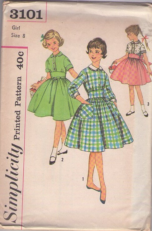 Simplicity 3101 Vintage 50's Sewing Pattern Girls' Dresses, School Days, Wide Midriff, Modest Flared Skirt, Pockets, Contrast Shirtwaist, 3 Styles Size 8