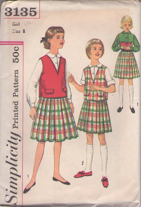 Simplicity 3135 Vintage 50's Sewing Pattern Girl's School Wardrobe, Blouse, Vest, Pleated Skirt Size 8