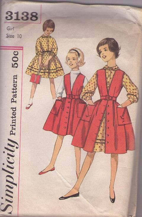 Simplicity 3138 Vintage 50's Sewing Pattern Girls' Dresses, Modest Shirtwaist School Dress & Front Buttoned Overdress, Jumper Size 10