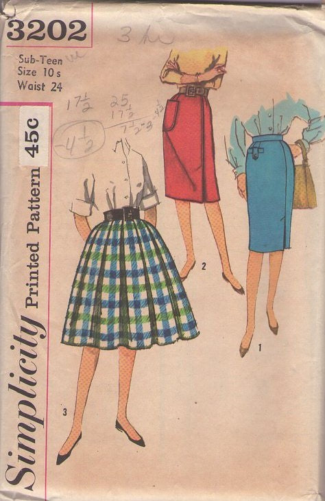 Simplicity 3202 Vintage 50's Sewing Pattern Teen Girl's Faux Wrap Look or Pleated Skirt Set, 3 Styles Size 10