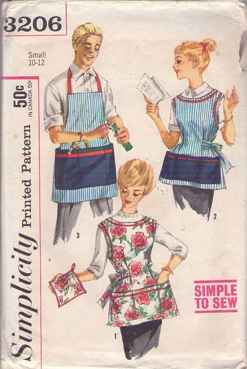 Simplicity 3206 Vintage 50's Sewing Pattern Aprons Set, Simple to Sew Rockabilly Housewife Cinched Waist Tie Back Cobber's or Halter Top Apron Cover Up, Pot Holder, MASSIVE Pockets Size S