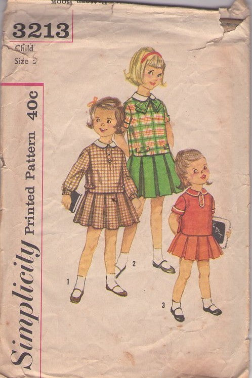 Simplicity 3213 Vintage 50's Sewing Pattern Girls' Two Piece Dress, Side Slit Blouse, Top, Box Pleats Skirt, 3 Styles Size 3