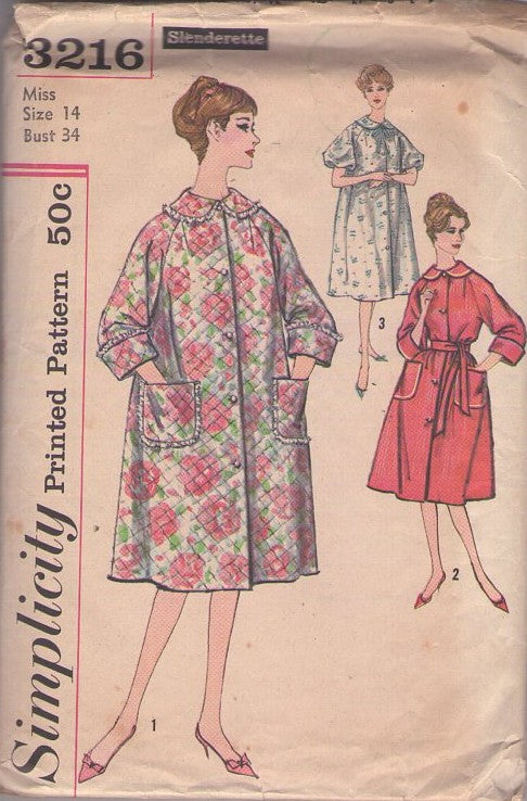 Simplicity 3216 Vintage 50's Sewing Pattern Duster Robe Set, Raglan Puff or Cuff Sleeve, Collar, Flared, Pockets, 3 Styles Size 18