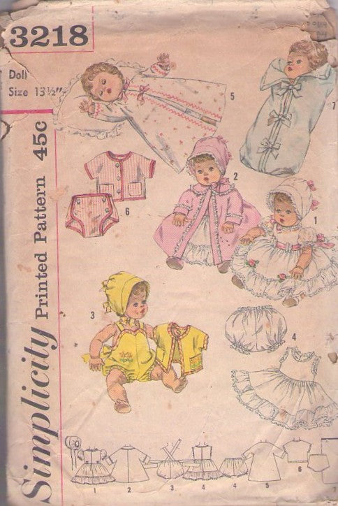 Simplicity 3218 Vintage 50's Sewing Pattern Baby Doll Clothes, 13.5" Tiny Tears Betsy Wetsy Sunsuit, Romper, Petticoat, Bunting, Dress, Hat, Bloomers, Coat