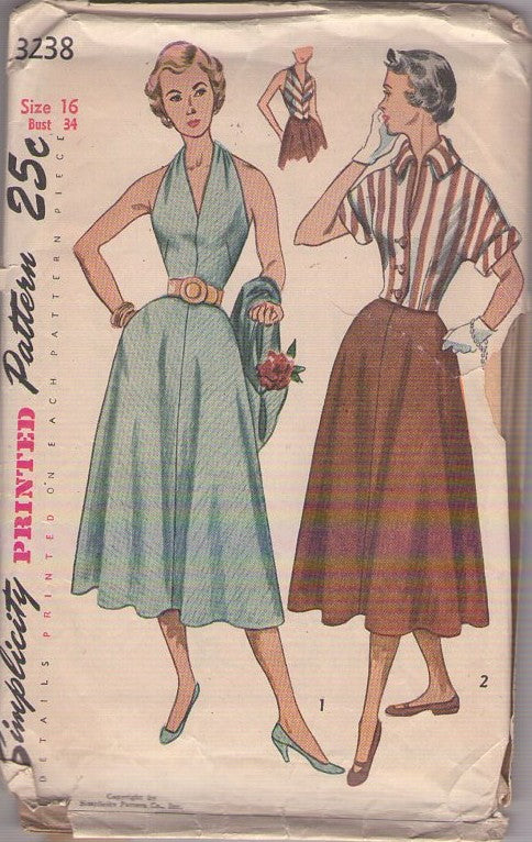Simplicity 3238 Vintage 50's Sewing Pattern Pinup Girl Separates, Summer Sunback, Back Buttons Halter Top, Flared Skirt, Cover Up Jacket Blouse Size 16