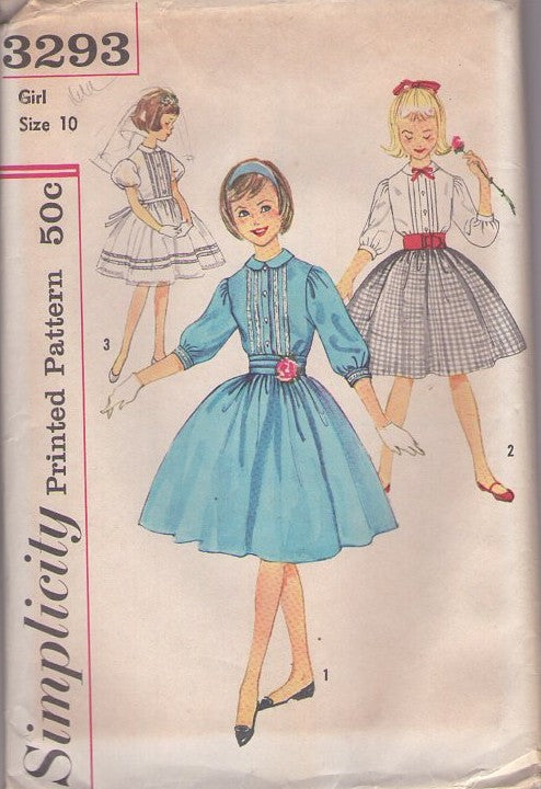 Simplicity 3293 Vintage 50's Sewing Pattern Girls' Dress Set, Shirtwaist, School or Communion, Fancy Full Skirt, Pleats Size 10