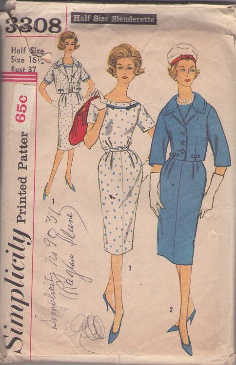 Simplicity 3308 Vintage 60's Sewing Pattern Day Dress, Jacket, Half Size Slenderette, Jackie O Sheath Party Dress, Suit Jacket Size 16.5
