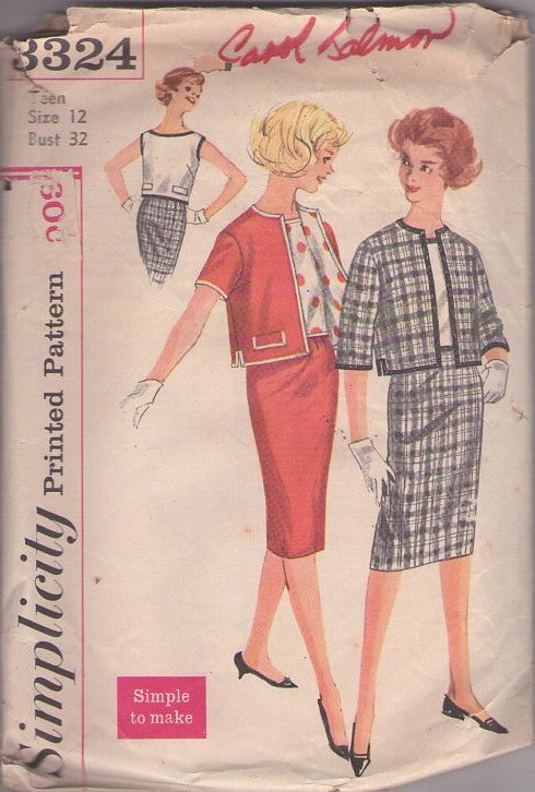 Simplicity 3324 Vintage 60's Sewing Pattern Teen Separates, Simple To Make, Mad Men Office Mix & Match Bateau Blouse Top, Slim Sheath Skirt, Cropped Jacket Size 12
