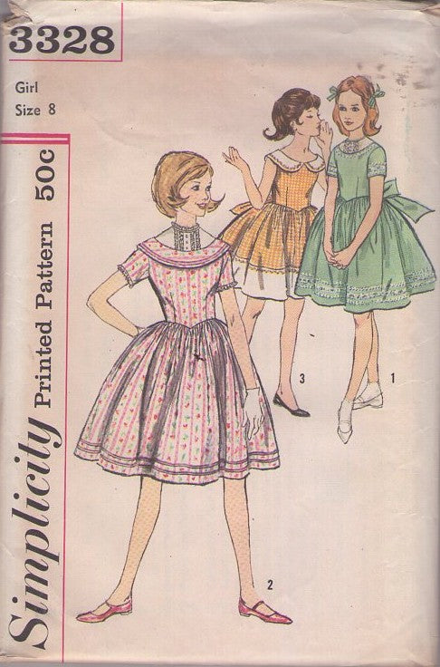 Simplicity 3328 Vintage 60's Sewing Pattern Girls' Dress Set, Versatile Basque Waist, Sheer Lace Neckline or Collared Full Gathered Skirt Party or School Dress 3 Styles Size 8