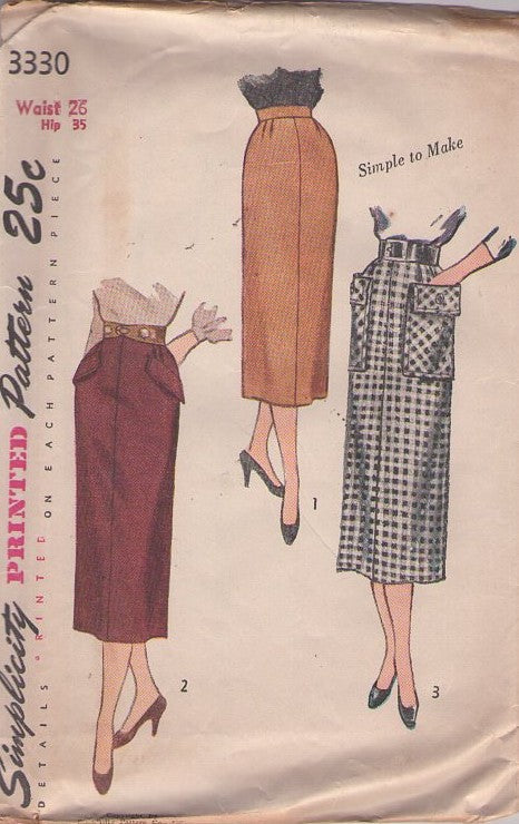 Simplicity 3330 Vintage 50's Sewing Pattern Svelte Skirts, New Look, Modest Length Slim Simple to Make Skirt Set 3 Styles Waist 26 Size S