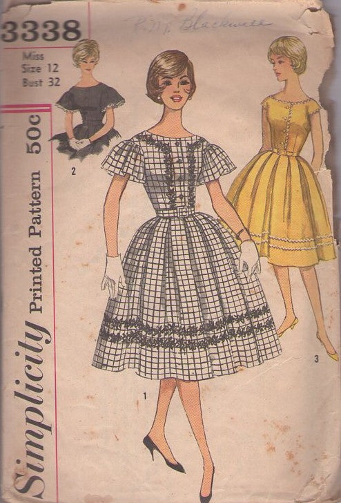 Simplicity 3338 Vintage 60's Sewing Pattern Rockabilly Dress Set, Flutter or Cap Sleeve Shirtwaist Party Dress Box Pleated Bell Skirt 3 Styles Size 12