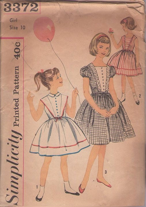 Simplicity 3372 Vintage 60's Sewing Pattern Girls' Dress Set, Summer Party Dresses, Full Skirt, Bodice Trims, 3 Styles Sizes 10 CUT
