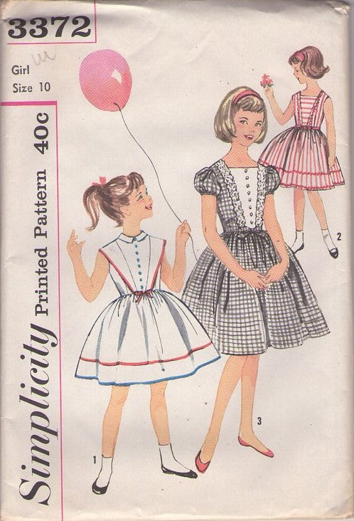 Simplicity 3372 Vintage 60's Sewing Pattern Girls' Dress Set, Summer Party Dresses, Full Skirt, Bodice Trims, 3 Styles Sizes 10 UNCUT
