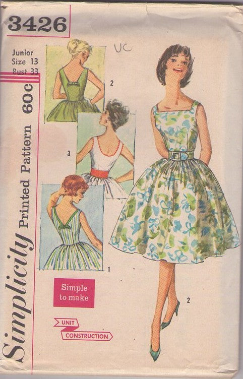 Simplicity 3426 Vintage 60's Sewing Pattern Summer Dress, Simple To Make, Dipped Back, Full Pleated Skirt, Rockabilly Summer Cocktail Party Dress, 3 Styles Size 13