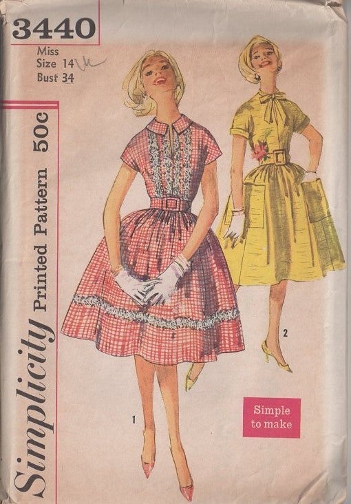 Simplicity 3440 Vintage 60's Sewing Pattern Rockabilly Dress Set, Short Cap Kimono Sleeve Full Bell Shaped Skirt Slit Neck Party Dress Simple to Make 2 Styles Size 14