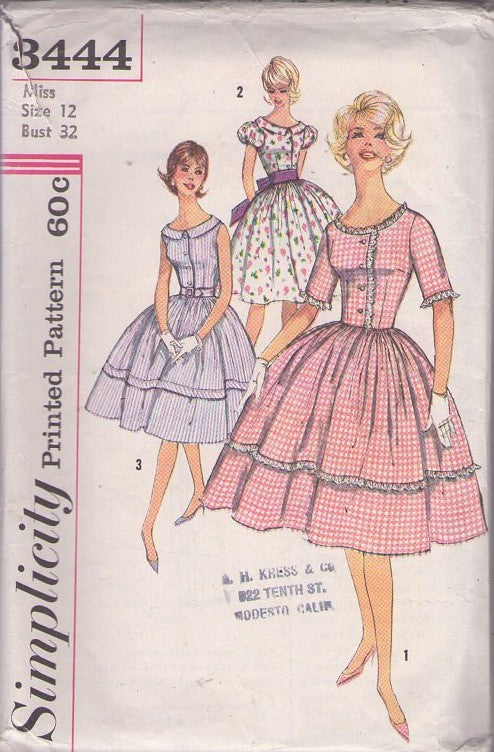 Simplicity 3444 Vintage 60's Sewing Pattern Rockabilly Dresses, Scoop Neck Fitted Bodice, Full Pleated Circular Skirt Shirtwaist Party Dress Set, 3 Styles Size 12