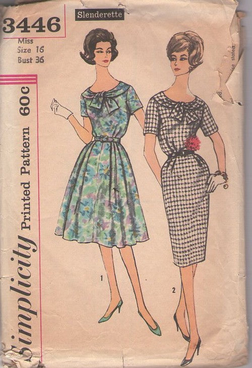 Simplicity 3446 Vintage 60's Sewing Pattern Slenderette Dress, Round Neck Tie Trim Rockabilly Sheath, Pleated Skirt Choice Day Dress Size 16