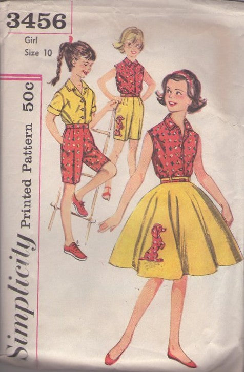 Simplicity 3456 Vintage 60's Sewing Pattern Girls' Separates, Weiner Dachshund Dog Applique Skirt, Shorts, Blouse, Mix & Match Size 10