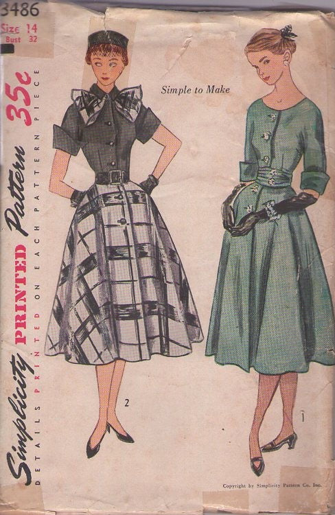 Simplicity 3486 Vintage 50's Sewing Pattern New Look Dress Set, Step In Shirtwaister, Large French Cuffs Day or Evening Styles Size 14