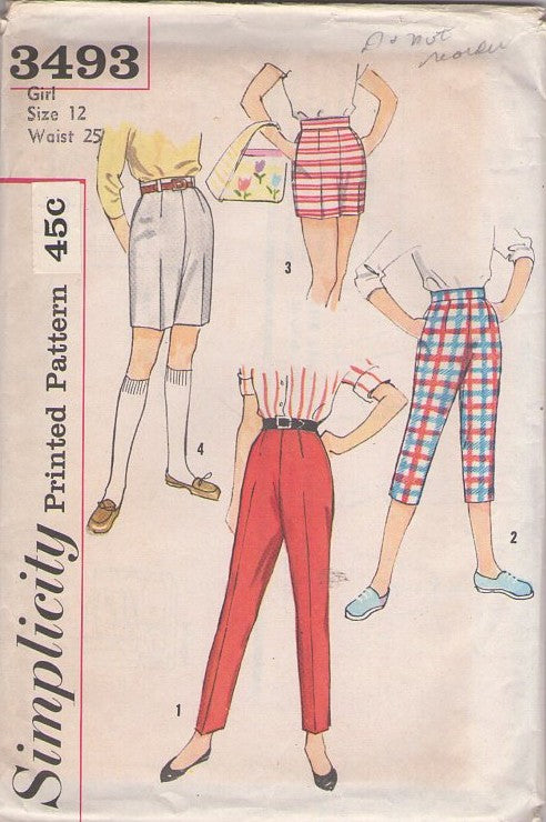Simplicity 3493 Vintage 60's Sewing Pattern Teen Girls' Pants Wardrobe, High Waist, Jamaica Shorts, Clam Digger Capri or Straight Leg Trousers Size 12