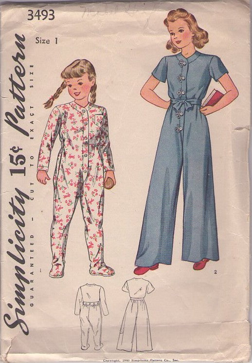Simplicity 3493 Vintage 40's Sewing Pattern Girls' Sleepwear, Modest WW2 Era Dropseat, Buttoned Drop Seat Pajamas, Lounging Jumpsuit, Palazzo or Footed, BEST PJs EVER Size 1