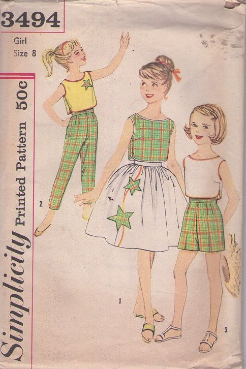 Simplicity 3494 Vintage 60's Sewing Pattern Girls' Summer Separates, Crop Top Shirt, Shorts, Ankle Pants, Gathered Skirt Size 8