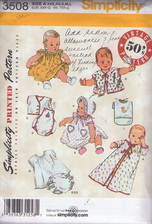 Simplicity 3508 Retro 2008 Sewing Pattern Vintage Baby Layette, 50s Reproduction Repro, Sunsuit, Diaper Cover, Kimono Robe, Dress, Bib, Bonnet, Slip Size XXS-L