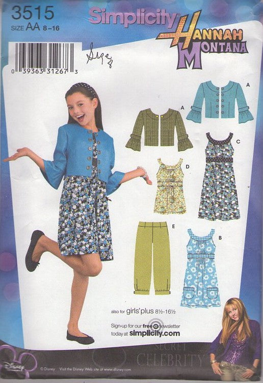 Simplicity 3515 Retro 2008 Sewing Pattern Girls' Separates, Disney Channel Hannah Montana, Miley Cyrus Scoop Neck Sun Top Blouse, Summer Sun Dress, Cropped Jacket with Flared Sleeve Size 8