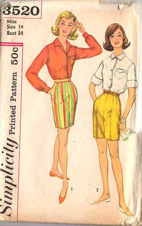 Simplicity 3520 Vintage 60's Sewing Pattern Shirt and Shorts, Front Buttoned Blouse, Long Shorts Set 2 Styles Size 16