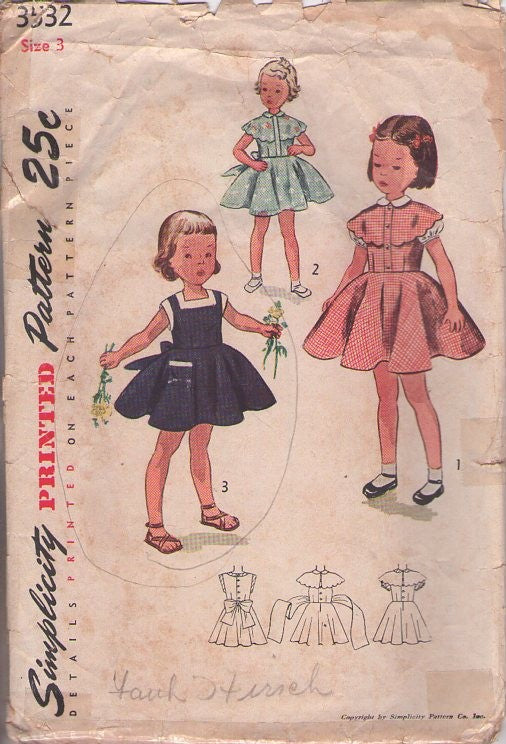 Simplicity 3532 Vintage 50's Sewing Pattern Girls' Dress Set, Sun Dress or Cape Collar, Back Buttons, Size 3