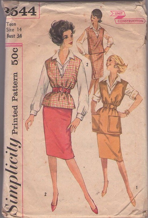Simplicity 3544 Vintage 60's Sewing Pattern Office Separates, Secretary Sheath Skirt, Blouse, Vest Top or Tunic Size 14