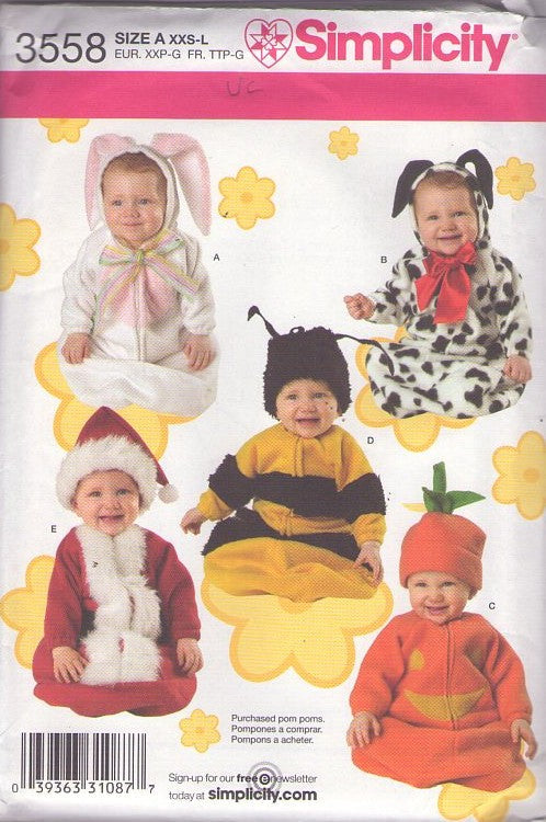 Simplicity 3558 Retro 2007 Sewing Pattern Baby Costumes, Full Leg Covering Warm Bunting Halloween Costume, Hat & Outfit, Santa, Bee, Dog, Pumpkin, Bunny Size XXS-L