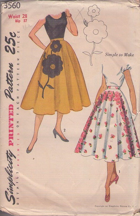 Simplicity 3560 Vintage 50's Sewing Pattern Circle Skirt, Simple to Make, Rockabilly Circular Skirt, Border Fabric or Large Flower Appliques Waist 28 Size L