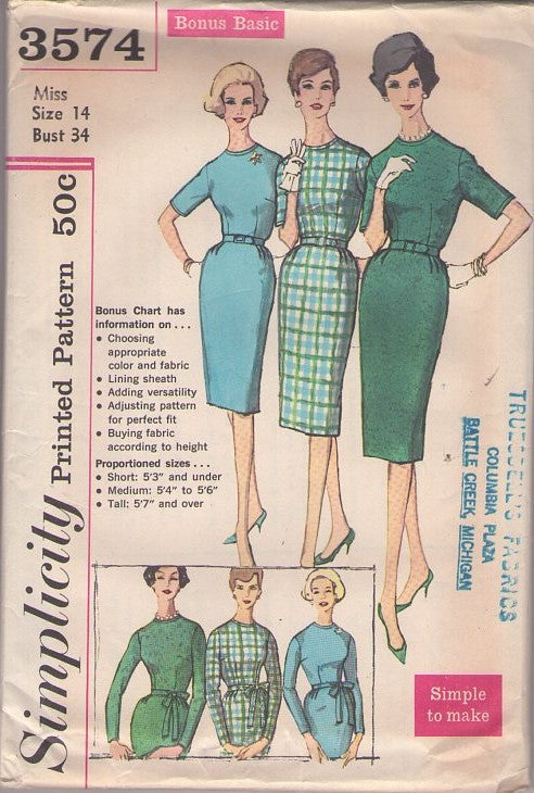 Simplicity 3574 Vintage 60's Sewing Pattern Day Dresses, Mad Men Secretary, Housewife Bonus Basic Sheath Dress PROPORTIONAL Size 14 CUT